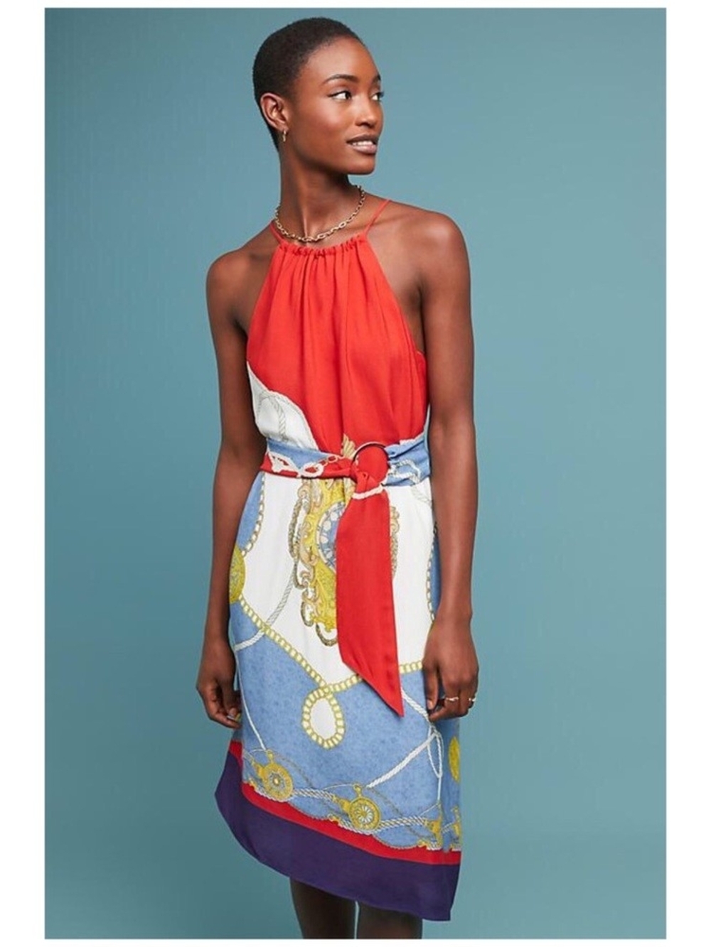 Maeve Red Halter Scarf-Print Midi Dress with Blue & Purple Accents